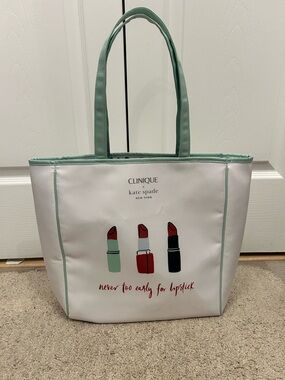 Clinique x Kate Spade White and Mint Lipstick Shopping Shoulder Tote Bag